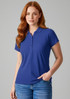 A ladies' polo shirt in vibrant blue, featuring a classic collar and short sleeves, with a logo on the chest.