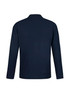 A navy long sleeve polo shirt with a simple design and a logo on the chest area.