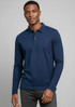 A navy long sleeve polo shirt for men, featuring a collar and a logo on the chest.