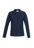 A navy long sleeve polo shirt for women featuring a button-up front and a collar. It has a logo on the chest. A navy long sleeve polo shirt for women featuring a button-up front and a collar. It has a logo on the chest.