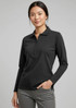 A black long sleeve polo shirt for women, featuring a placket of buttons and a subtle logo.