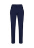 Slim fit flat front pants in navy blue, featuring a sleek design and a waistband with a logo.