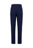 A pair of navy blue men's slim fit flat front pants with back pockets, featuring a logo on the waistband.