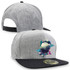 A grey cap with a black brim featuring a logo and colourful geometric design on the front. Adjustable snapback closure.