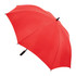 A red umbrella with a black handle and a branding logo on the canopy.