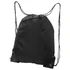A black drawstring bag with a zippered pocket and two adjustable cord straps. It features a logo.