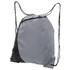 A grey and black drawstring bag with a front zip pocket and adjustable straps. It features a logo.