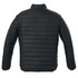 A black puffer jacket with a quilted design and a high collar, featuring a logo on the back.