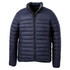 A navy puffer jacket with a zip front and a high collar, featuring stitched panels and a logo.