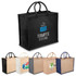 A black jute tote with wide gusset and handles, alongside totes in white, beige, and navy, featuring various designs.