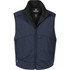 A navy blue men's vest with a high collar, featuring a zip front and side pockets. It has a logo on the design.