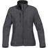 A women's soft shell jacket in dark grey featuring a high collar and multiple zippered pockets. It has a logo on the sleeve.