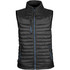 A black thermal vest with a zip front, featuring horizontal stitching and blue accents, including a logo.