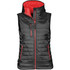 A black women's thermal vest with a red interior and contrasting zippers, featuring a hood and multiple pockets.