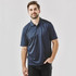 A navy blue men's polo shirt featuring a collar and short sleeves, with a logo on the sleeve.