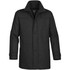 A charcoal grey wool jacket with a high collar and button closure, featuring a logo on the inner label.