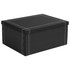 A large black keepsake box with white stitching and buttons on the sides, featuring a simple, elegant design.