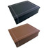 A small keepsake box in black and brown, featuring contrasting stitching and a simple design. It includes a logo.