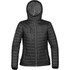 A women's black thermal puffer jacket with a hood and zippered pockets, featuring a brand logo.