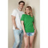 Two models posing in a white men's classic T-shirt and a green women's T-shirt, paired with light denim shorts.