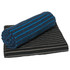 A rolled dark blue towel with blue stripes sits atop a flat black towel with grey stripes. Both towels have branding.