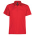 A red men's polo shirt with a collar and short sleeves, featuring a branding logo.