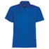 A blue men's polo shirt featuring a collar and button placket, with an attached logo.
