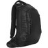 A sleek black backpack with padded straps and multiple zippered compartments, featuring a logo.