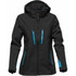A women's softshell jacket in black with blue zip details and a hood. Features three zippered pockets and a fitted design.