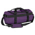 A small duffle bag in purple with black straps, featuring a handle, adjustable shoulder strap, and a logo.