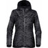 A lightweight women's rain jacket in black with a textured pattern and a hood, featuring a logo.