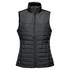 A women's black quilted vest with a high neck and zipper front, featuring a logo on the lower side.