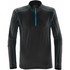 A black men's polar fleece pullover with blue stitching and a zippered collar. It features a logo on the chest.