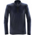 A navy men's fleece pullover with a half zip and long sleeves, featuring branding on the hem.