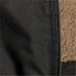 A close-up of a black work jacket featuring a zip and a soft, beige lining. There is a logo on the jacket.