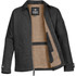 A black work jacket with a soft beige lining, featuring a zip closure and a pocket on the inside.