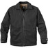 A black men's work jacket featuring a full zip and a lined interior, with a logo on one sleeve.