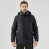 A black Men's Nautilus 3 in 1 Jacket with a hood, featuring a logo on the chest and side pockets.
