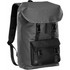 A grey backpack featuring a flap closure and adjustable straps, with a front pocket and a logo present.