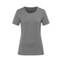 A grey women's T-shirt made from recycled materials, featuring a round neckline and short sleeves.