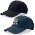 A black and navy cap with a logo, featuring a curved brim and contrasting trim.