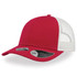 A red cap with a white mesh back, featuring a mid visor and a logo on the side.