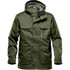 A green thermal jacket with multiple pockets and a hood, featuring a logo on the front.