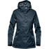 A dark navy women's jacket with a hood, featuring a front zip and button closure, and side pockets. It has a logo.