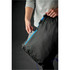 A black backpack with blue accents, featuring a zippered pocket being opened, revealing a smartphone inside.