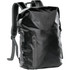 A black waterproof backpack with adjustable straps and a front zip pocket, featuring a logo.