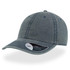 A blue cap with a curved brim and stitched detailing, featuring a branding logo on the front.
