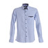 A button-up shirt in light blue with a contrasting black pocket and buttons. Features a checkered inner collar.