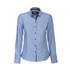 A blue button-up women's shirt with long sleeves and a collar, featuring contrasting check patterns inside. A blue button-up women's shirt with long sleeves and a collar, featuring contrasting check patterns inside.