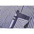 A close-up of a button-up men's shirt featuring a purple and white checkered pattern with a contrasting pocket.